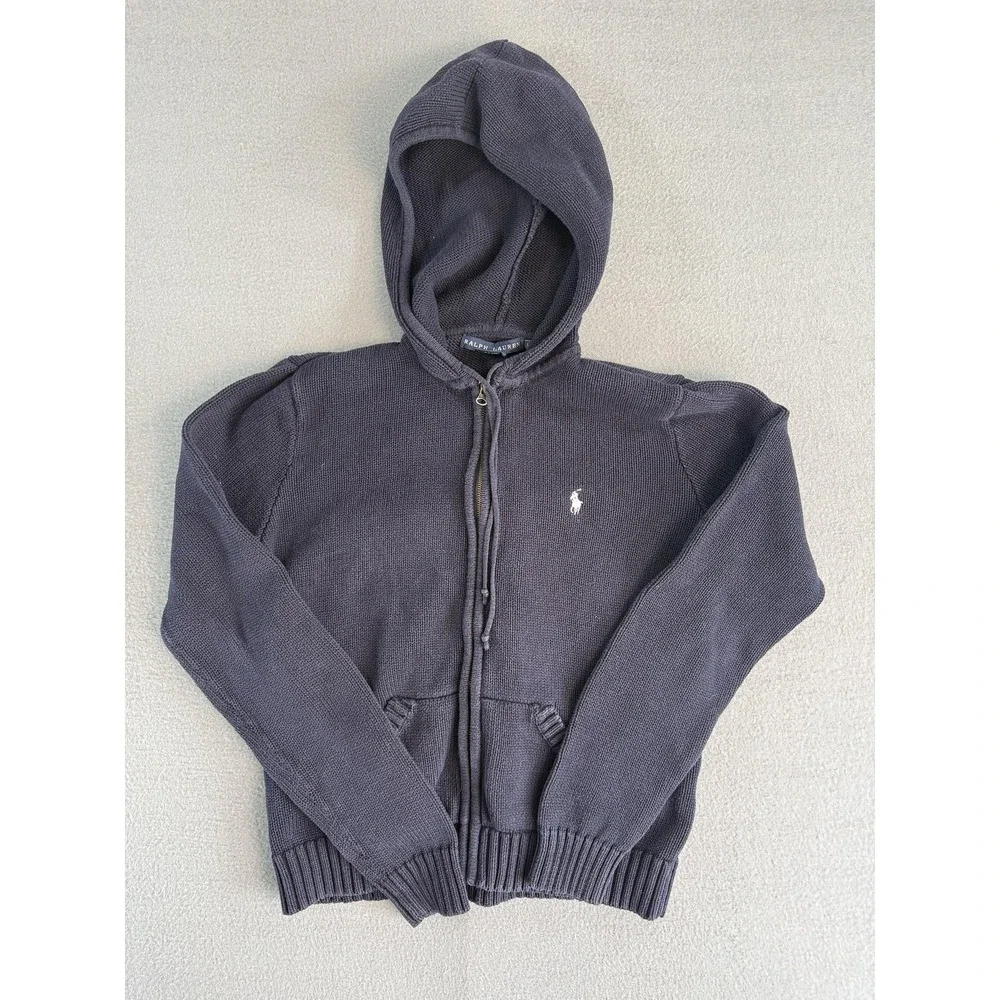 Ralph Lauren Sweater Kids L Gray Full Zip Hooded Knit Cotton Logo Pockets